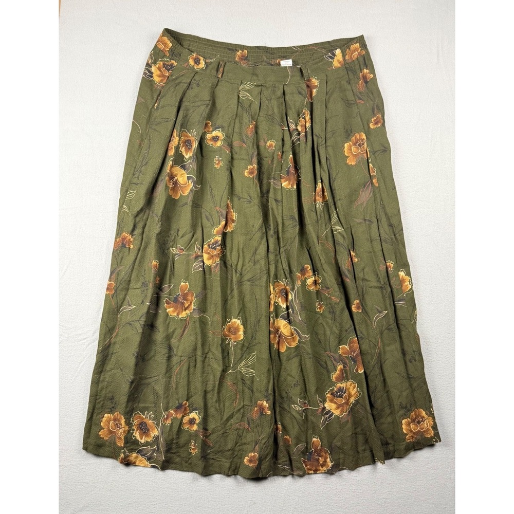 Vintage Sag Harbor Olive Green Floral Maxi Skirt Rayon Pleated Womens Medium